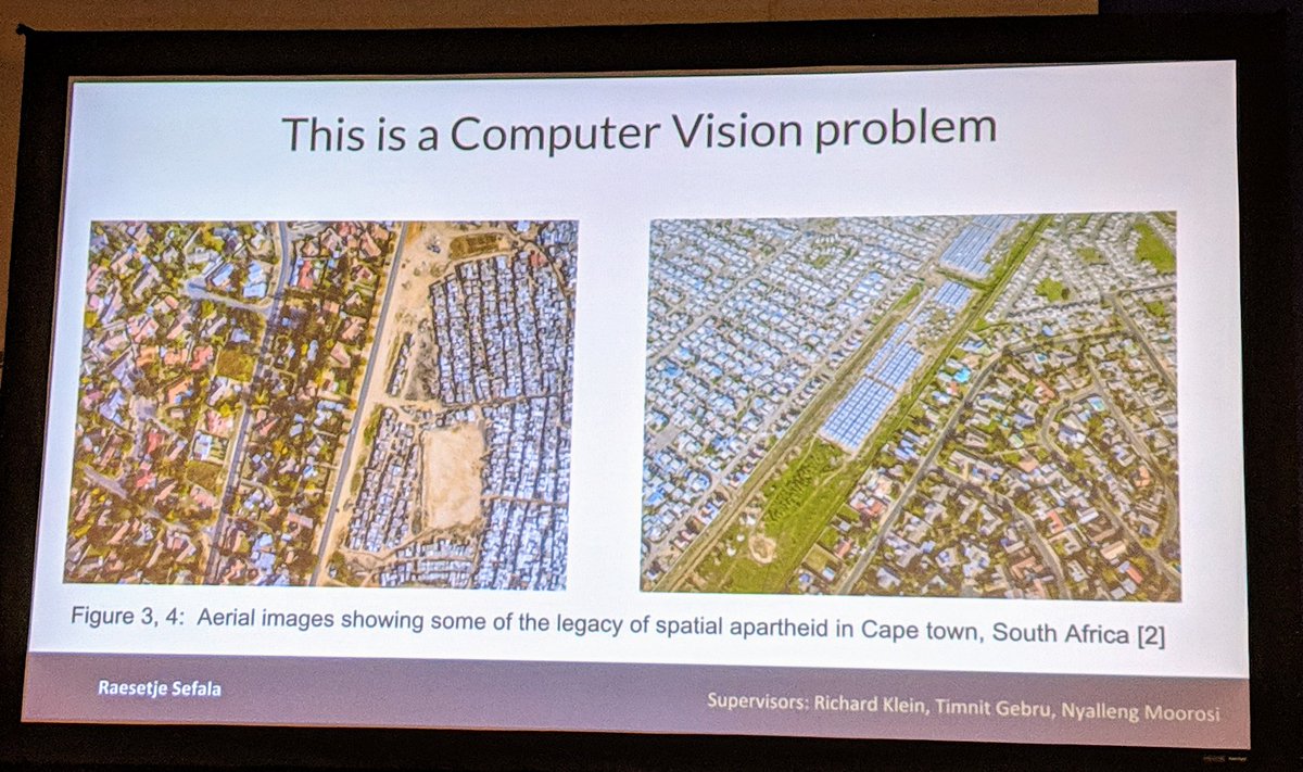 Using satellite images & computer vision to study the evolution & effects of spatial apartheid in South Africa (using semantic segmentation model) @bonjora #NeurIPS2018 #BlackinAI