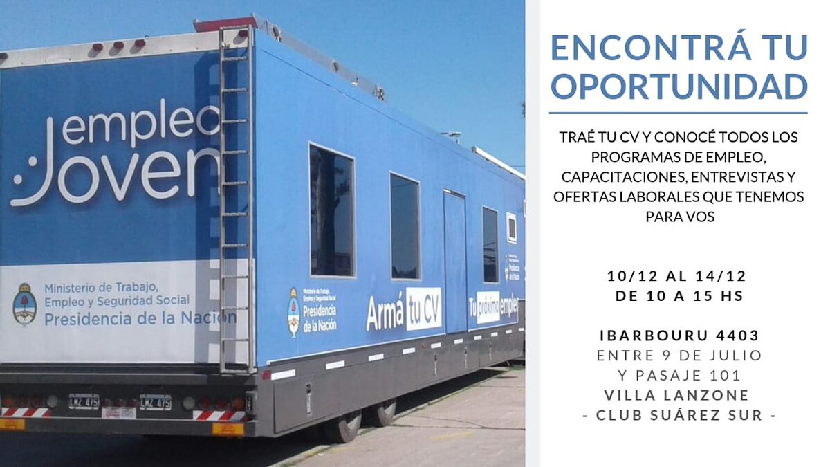 JproSanMartin's tweet photo. A partir del 10/12 acércate a Ibarbouru 4403, #VillaLanzone.
Encontrá tu oportunidad de empleo, capacitaciones y programas. 
#EmpleoJoven 
#Sumate https://t.co/iZ3HsPwMe7