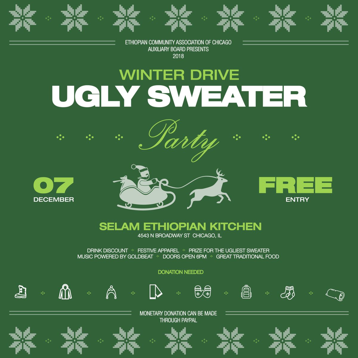 See you all ❄️TONIGHT❄️!! As a reminder, donations needed include: 🧥coats , 👢boots, 🧣gloves, 🧦socks,🧣scarves, hats🧢 &amp; blankets‼️ #GivingToThoseWhoNeedItMost #Chicago #Habeshas #WinterDrive #UglySwearerParty