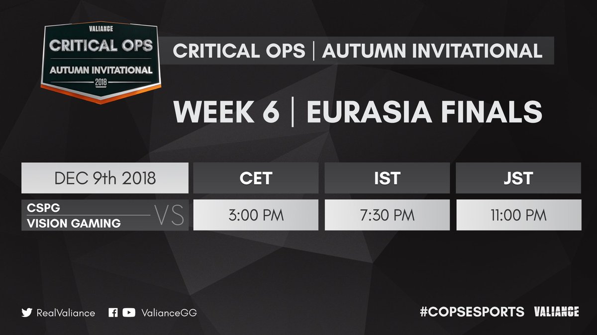 The Stage is set!

European champions <a href="/VisionGaming_GG/">Vision Gaming</a> will play against the Asian champions <a href="/CsPG_Gaming/">CsPG Gaming</a> in the <a href="/CriticalOpsGame/">Critical Ops</a> 'EURASIA' Grand Finals.

A best of five will decide who gets the title.

Here are the starting times for the series.

#COPSESPORTS