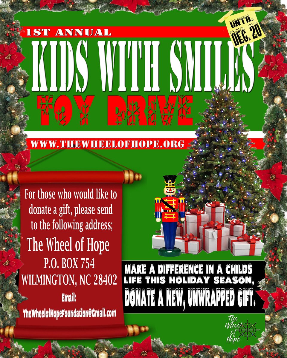 wheelofhopefdn's tweet photo. The Wheel of Hope is having its 1st Annual 
Kids With Smiles Toy Drive

Focusing on the Hurricane hit area of south eastern North Carolina.
Pitch In and Show Support

#holidays #kids #toys #charity #charityevent #donate  #hurricaneflorence #kidswithsmiles #presents 
#nonprofit https://t.co/QQ4SI2Yh2x