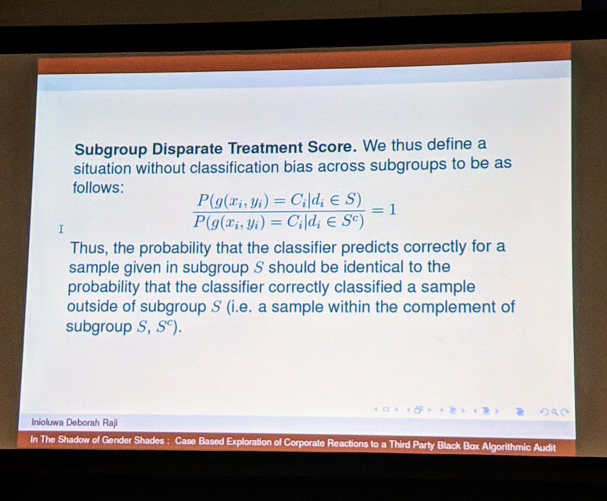 We are all different and treated differently. Two ways to measure classification bias are error gap measurement and disparate treatment score. -- Inioluwa Deb Raji #NeurIPS2018 #BlackinAI