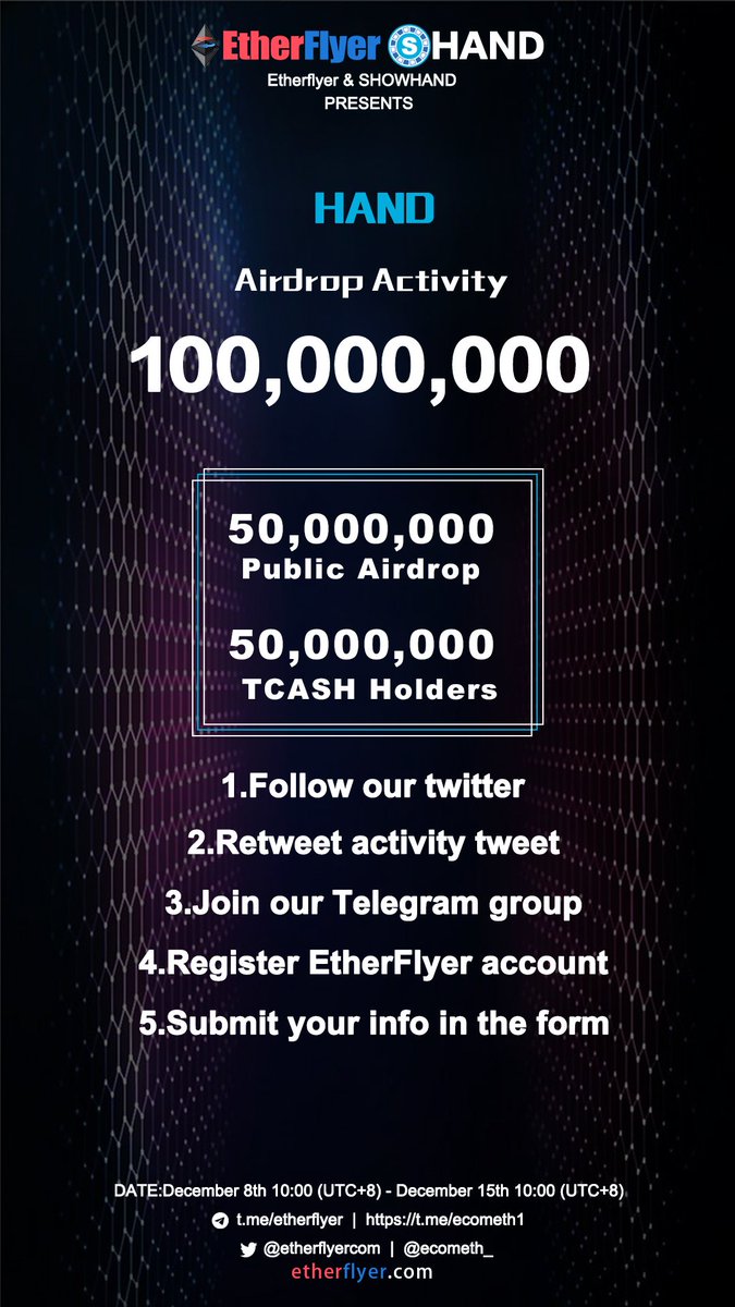 100million HAND Token Giveaway for Public Airdrop and TCASH Holders!!! 😀😀😀<a href="/showhandio/">AntonioST.arb</a>    follow <a href="/tech_sura/">SuRa Tech</a>   From December 8th 10:00(UTC+8) - December 15th 10:00(UTC+8)  More info:gleam.io/competitions/t…