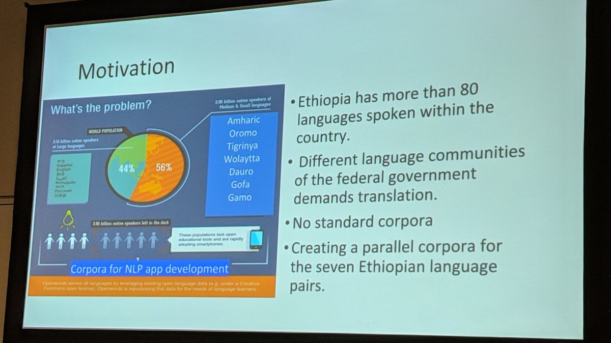 Bi-directional statistical machine translation for seven Ethiopian language pairs. There are over 80 languages in Ethiopia and they are under-resourced. -- Tewodros Abebe #NeurIPS2018  #BlackinAI @black_in_ai
paper here: researchgate.net/publication/32…