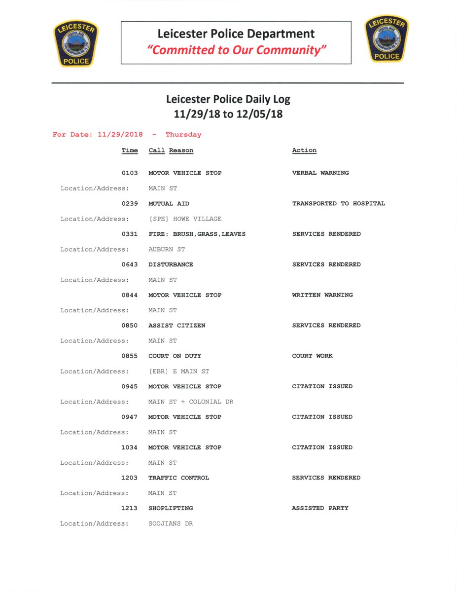 #LPDevent - LPD Daily Log Has Been Posted - The Leicester Police Department log for 11/29/18 to 12/05/18 has been posted on the LPD website at:
leicesterma.org/sites/leiceste…