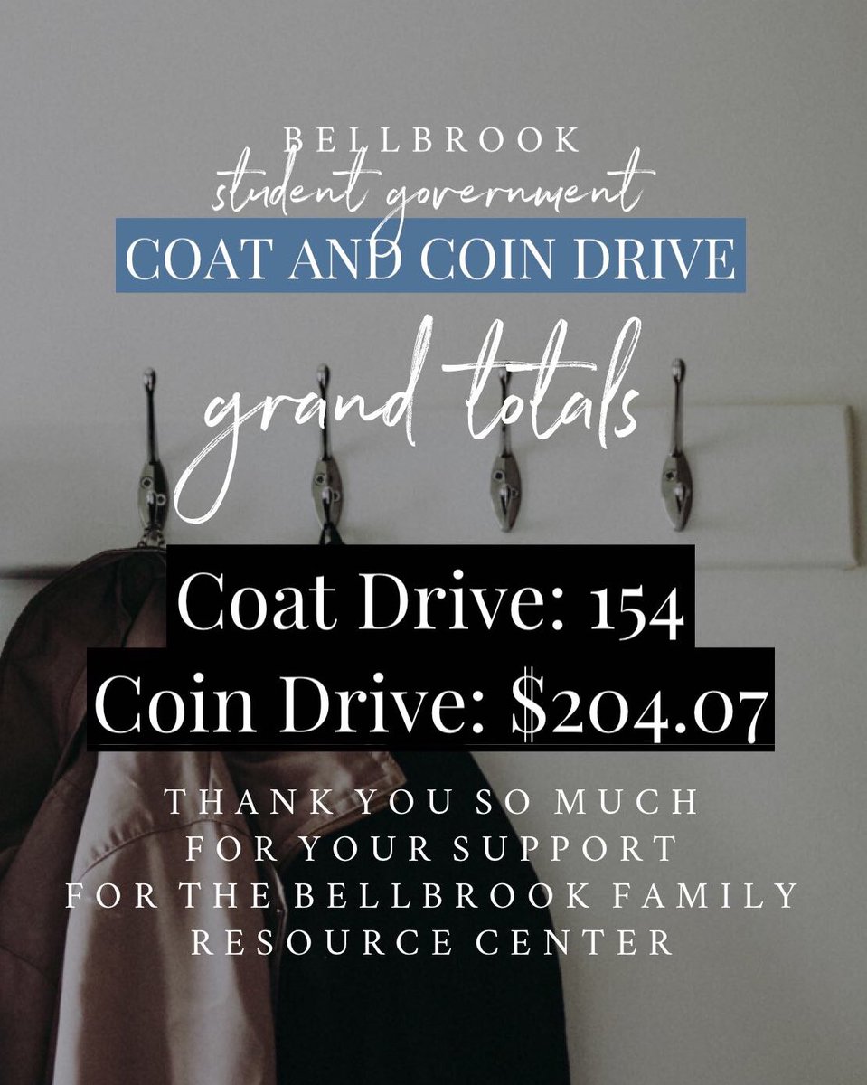 brookstudentgov's tweet photo. Bellbrook — we are SO proud of the totals from the donation drive for the Bellbrook Family Resource Center. 154 coats and $204.07! Thank you so much for your support and efforts to #MakeAChange this holiday season! https://t.co/9GXlJXpQd5