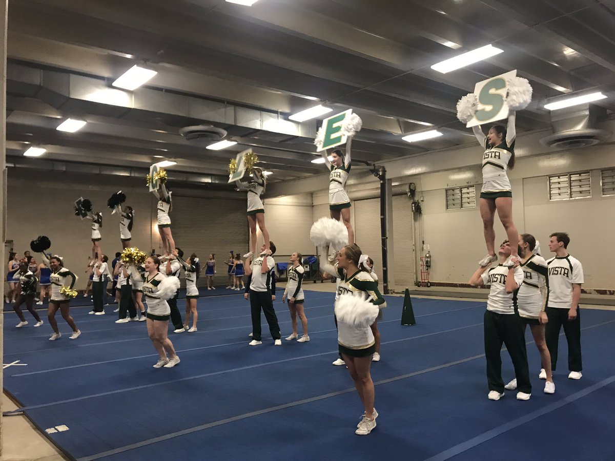 VistaCheer's tweet photo. Your Varsity Squad is ready to take the state mat! Don’t forget to yell with them!! 💚💛 #vistacoedcheer #state2018 https://t.co/yuPJSV1yp5