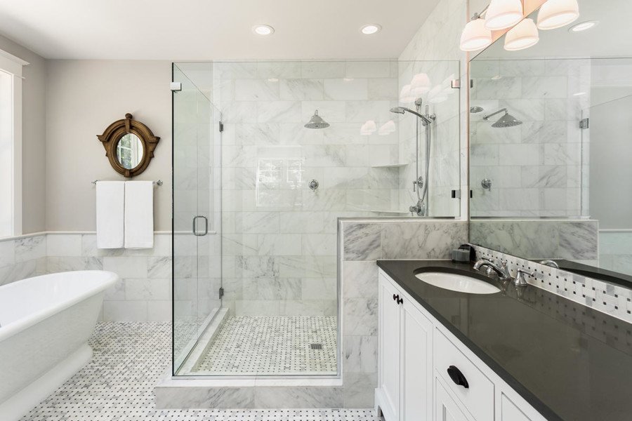 RenoSelectCA's tweet photo. Transitional designed five piece bathroom renovation featuring a glass enclosed standing shower for two and contrasting marble vanity counter
#renoselect #bathroom #bathroomdesign #interiordesign https://t.co/sjRYdms5C6
