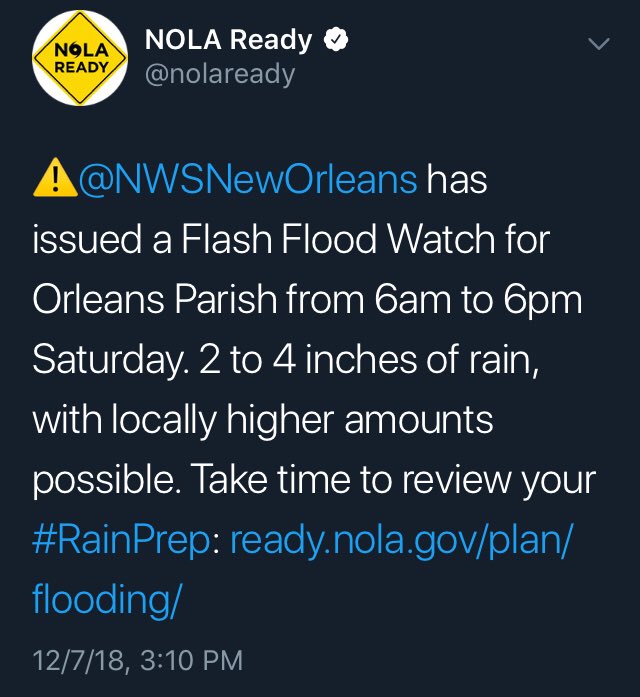 mayorcantrell's tweet photo. #Prepare⚠️@NWSNewOrleans has issued a Flash Flood Watch for Orleans Parish from 6am to 6pm Saturday. 2 to 4 inches of rain, with locally higher amounts possible. @NOLAreadyTake time to review your #RainPrep: https://t.co/FpMF98KGbh https://t.co/fTbDXbNpen