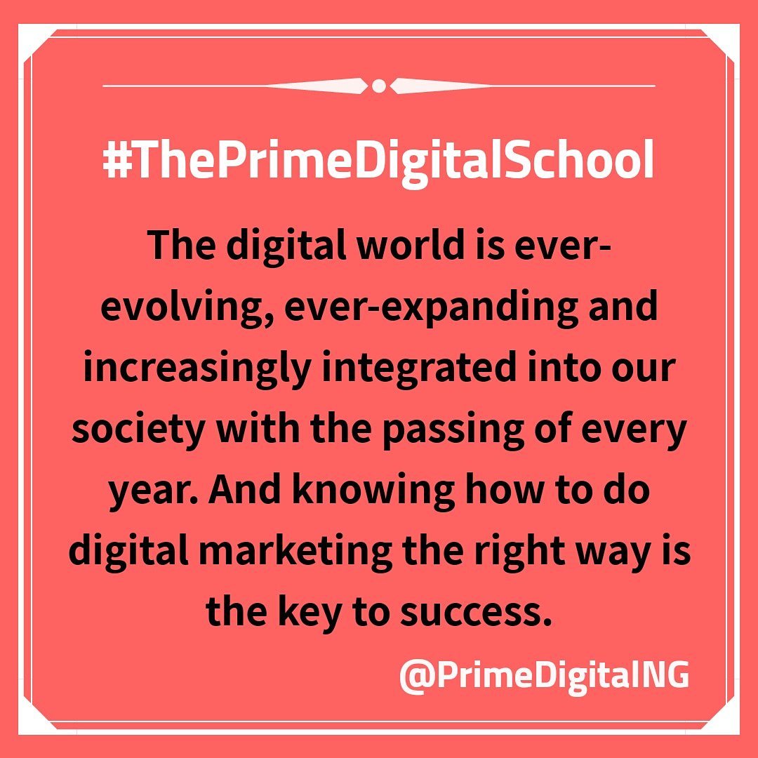 PrimeDigitalNG's tweet photo. #ThePrimeDigitalSchool
The digital world is ever-evolving...And knowing how to do #digitalmarketing the right way is the key to success, says #PrimeDigitalNigeria powered by @DifferentOnline
#PrimeDigitalNG #DMC2018 #DMM @DMM_Nigeria @AdmarpNG #onlinebusiness #contentmarketing https://t.co/Mx60zq1kzC
