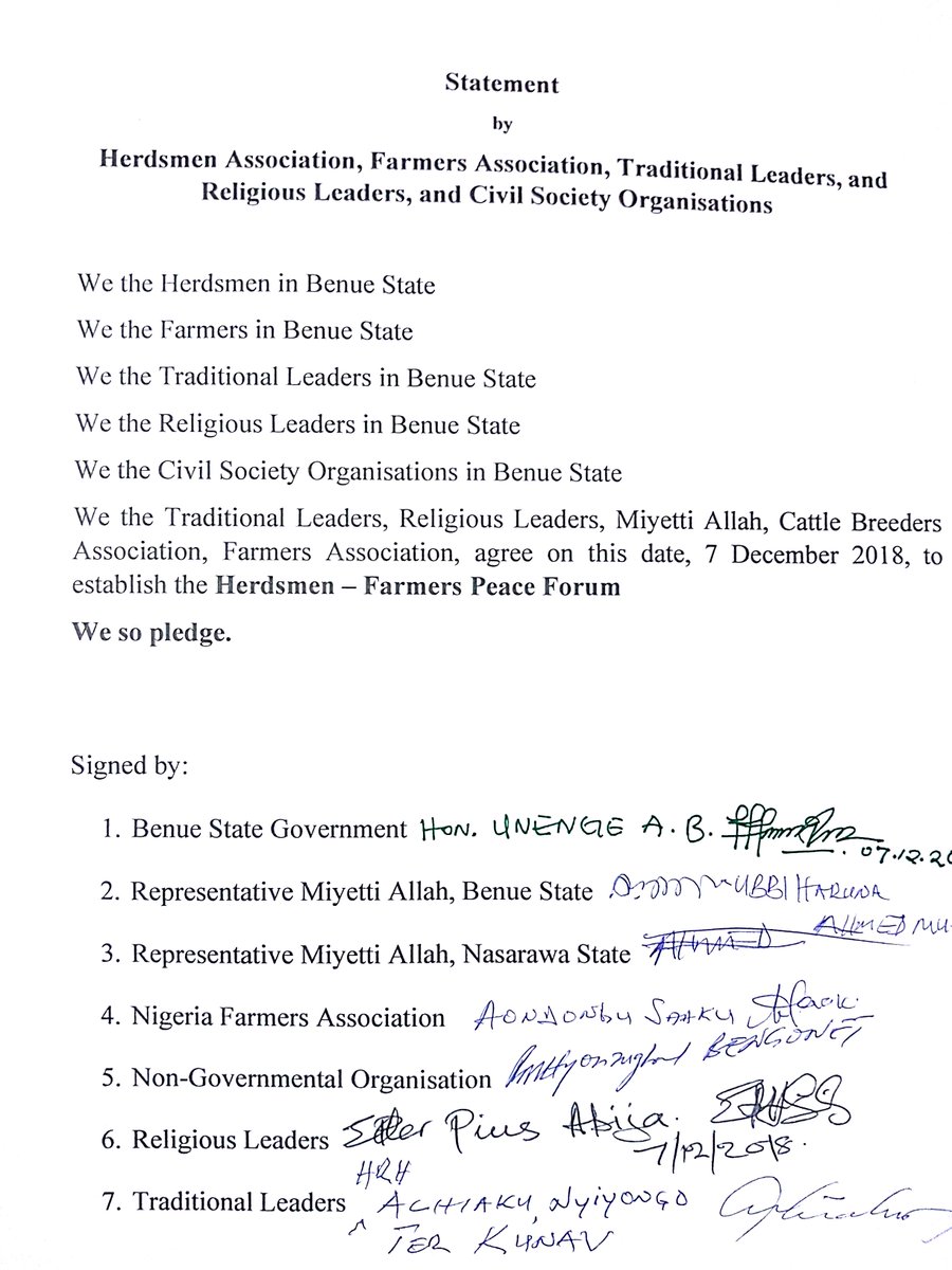 UNDPNigeria's tweet photo. Following the establishment of the "Herdsmen-Farmers' Peace Forum" by major stakeholders today, a platform now exists for dialogue towards resolving the conflict in Benue State
#BenuePeaceConference #UNTFHS
 @smbwalya @EdwardKallon @AminaJMohammed @UNPeacebuilding Support Office https://t.co/ciEF0DmpNX