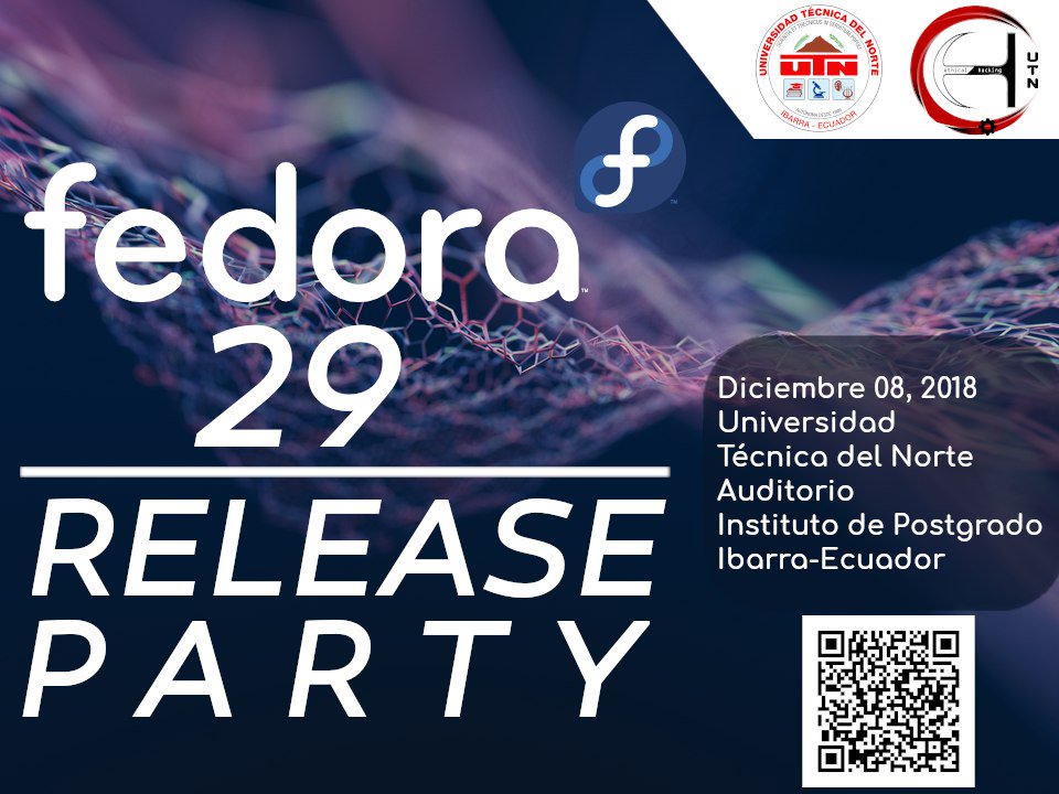 jhoanir's tweet photo. Las fiestas de #Quito las cerramos en #Ibarra con el #ReleaseParty #Fedora 29 este sábado 08DIC 10H00 @UTN_Ibarra Auditorio Del Instituto de Postgrado #SoftwareLibre #OpenSource #Imbabura #Ecuador https://t.co/luyNhZlciO https://t.co/EPUJiEJb3s