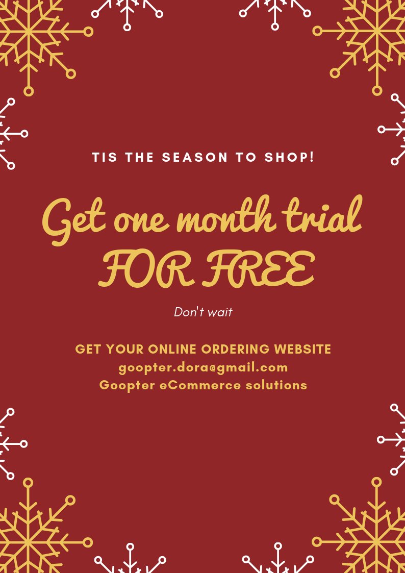 Get one month trial #forfree ! #Contactme goopter.dora@gmail.com and don't wait till #Christmas #presenttoyourbusiness #OnlineBusiness #SmallBusiness #ecommerce #ontime #OnlineSales #website #goopter #onlineorder #getmorecustomers #technology TIS THE SEASON TO SHOP 🥳