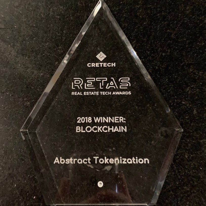 Cuskelly's tweet image. Incredibly proud of the team at @AbstractToken for winning the #blockchain category of @DiscoverCREtech’s 5th Annual Real Estate Technology Awards #RETAs #proptech