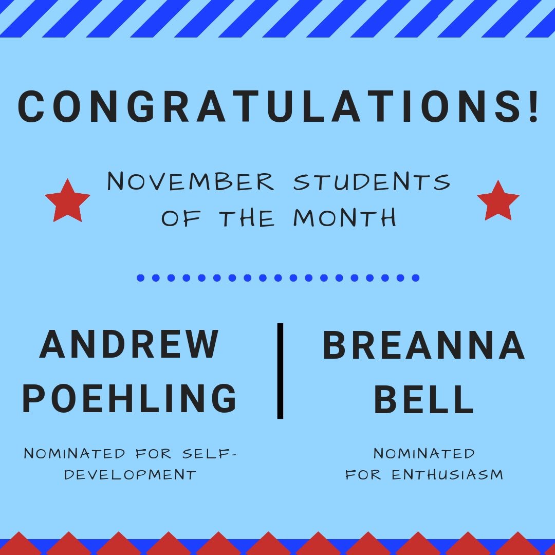 KansasUBC's tweet photo. CONGRATULATIONS to our November Students of the Month, Andrew and Breanna! Enjoy that free J-Café coffee! #woohoo 🎉 https://t.co/5Vt3nPysZA
