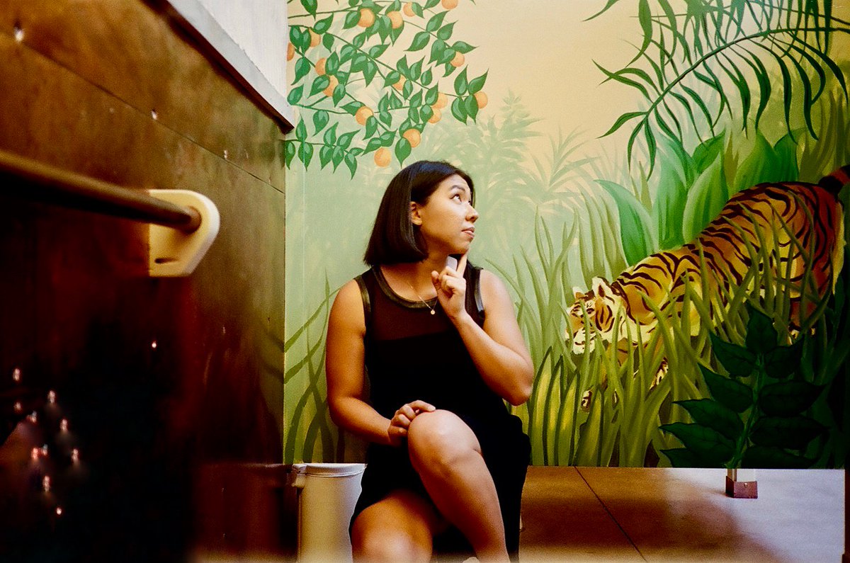 view_the_finder's tweet image. I have now joined the ranks of people taking bathroom selfies. But in my defense, there was a fabulous hand painted tiger mural on the walls and that’s my Chinese zodiac. #analogselfie #tigress #tigersign