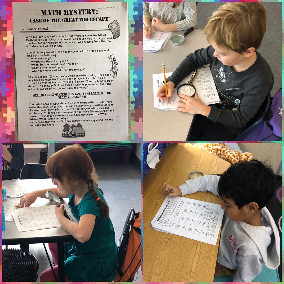 mrspeisel's tweet photo. The case of the great zoo escape needs solving! Good thing the first grade detectives can use their math skills to crack the case! @MPHSchool https://t.co/eJgL7v21tJ