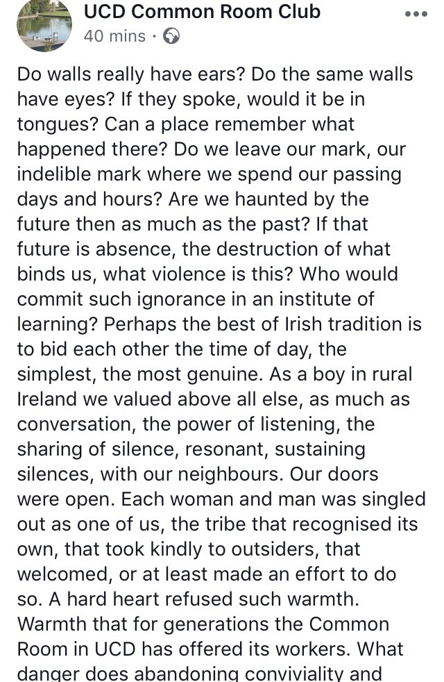 realcommonroom1's tweet photo. Frank McGuinness: ‘Warmth that for generations the Common Room in UCD has offered its workers. What danger does abandoning conviviality and civility court? The Greeks had a story about such violations...’ https://t.co/tUKCzJshws