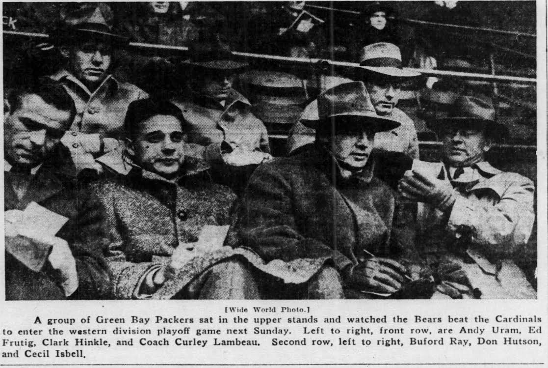 The Bears were 9-1 and needed to beat the Cardinals to force a Western Division one-game playoff against the 10-1 Packers. Members of the Packers, including coach Curly Lambeau and star quarter back Ceci Isbell, were in attendance to scout the Bears.cc  @acmepackingco