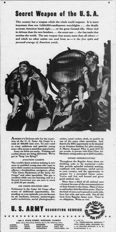 Comiskey Park mentioned the attack. U.S. Army recruitment was already ramping up prior to this news — the Tribune ran an Army recruiting advertisement on Dec. 7, in fact, asking for 400,000 new men in the U.S. Army Air Corps.  #PearlHarbor