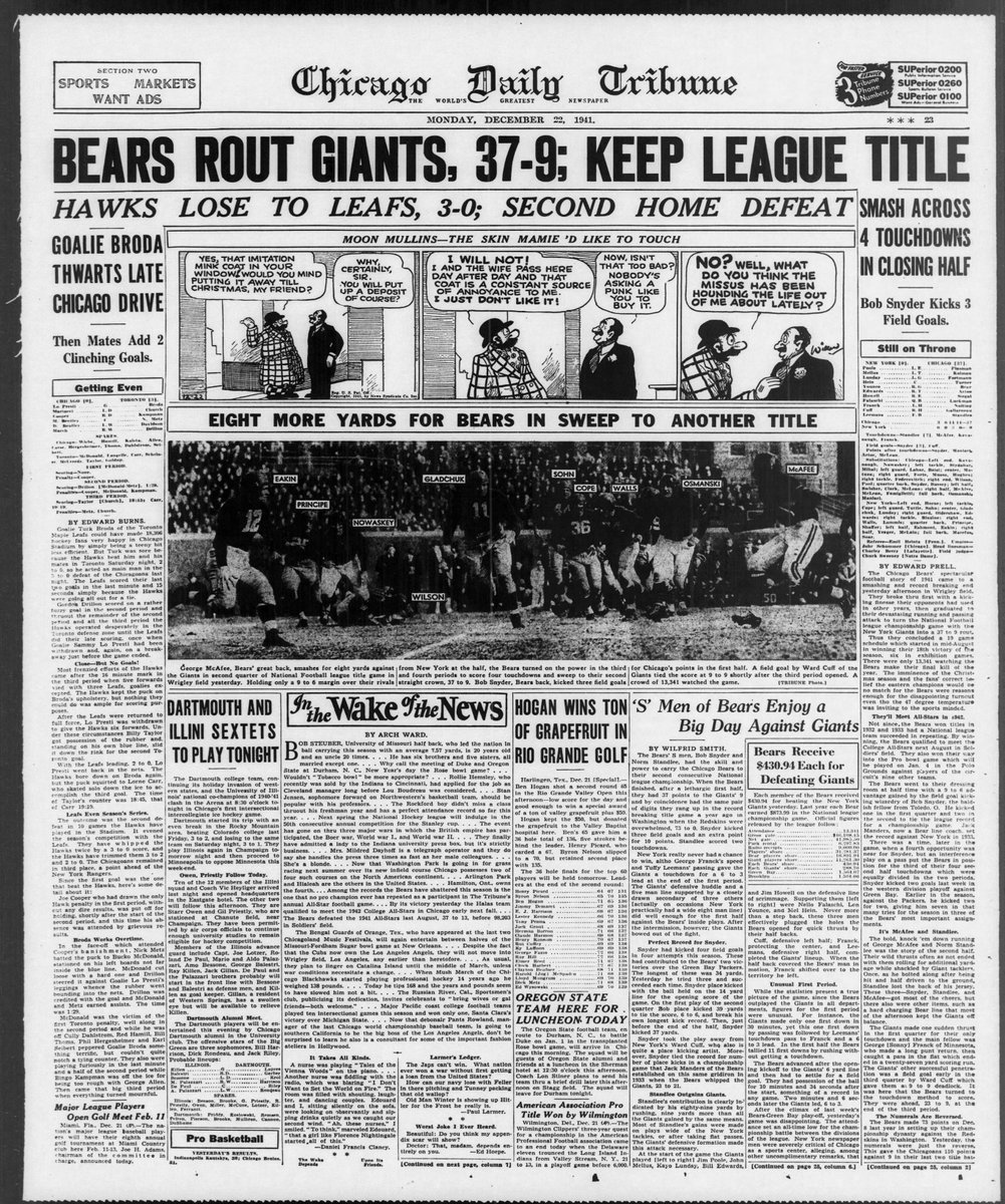 The Bears wrapped the 1941 season on December 21, with a spectacular 37-9 victory over the Giants, their 2nd straight championship en route to four in the 1940s.  #PearlHarbor  @WCGridiron