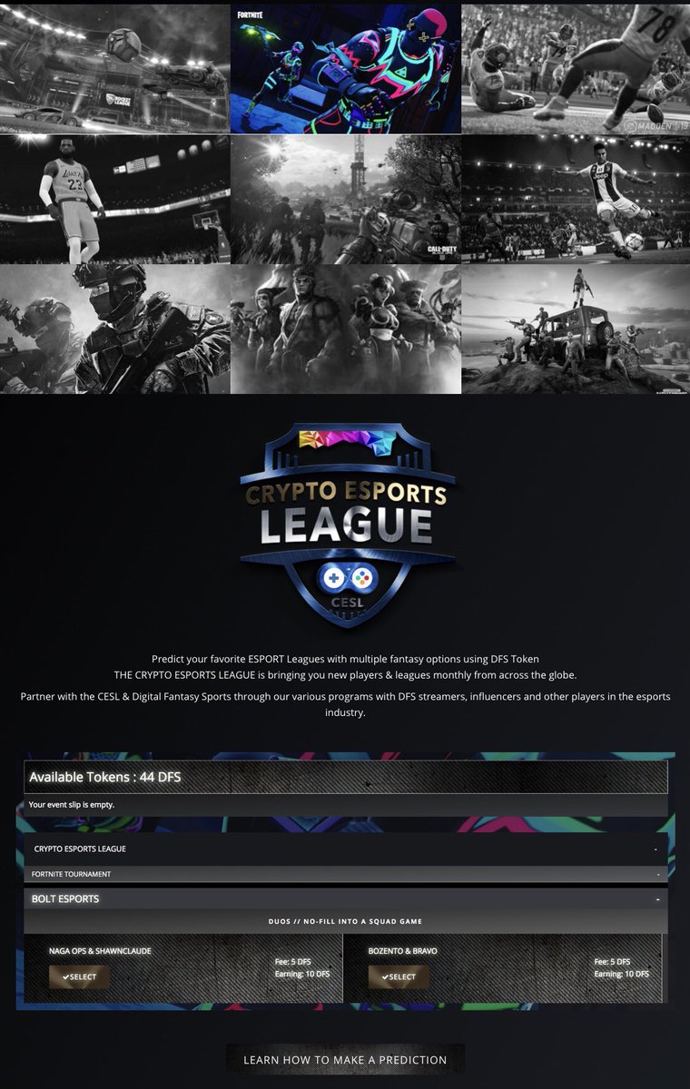 EXPERIENCE A NEW WAY TO PREDICT #ESPORTS 🔹🏆🎮🔹

<a href="/dfstoken/">DFS</a> $DFS is the official #CRYPTOCURRENCY for the #CESL

WAGE YOUR $DFS and COMPETE AGAINST PLAYERS
WORLDWIDE.

#madden #cod #nba2k⁠ ⁠ #fortnite #rocketleague 🌎
