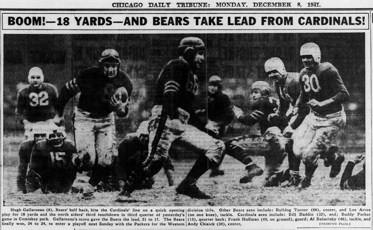 McAfee and Gallarneau played brilliantly in the win over the Cardinals on Dec. 7, 1941. Gallarneau scored the go-ahead TD in the 3rd (see photo) while McAfee hauled in a 39-yard TD pass from Sid Luckman and then scoring the game's final points on a 70-yard run.  #PearlHarbor