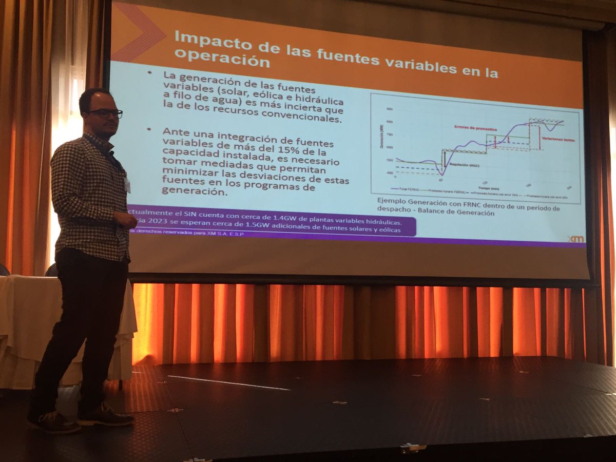 ArenaIntEnergy's tweet image. Sebastián Ortega Arango, Specialist New Operational Trends from XM presenting "Integration of variable renewable sources of energy in the Colombian electric system" #SmallHydro 2018