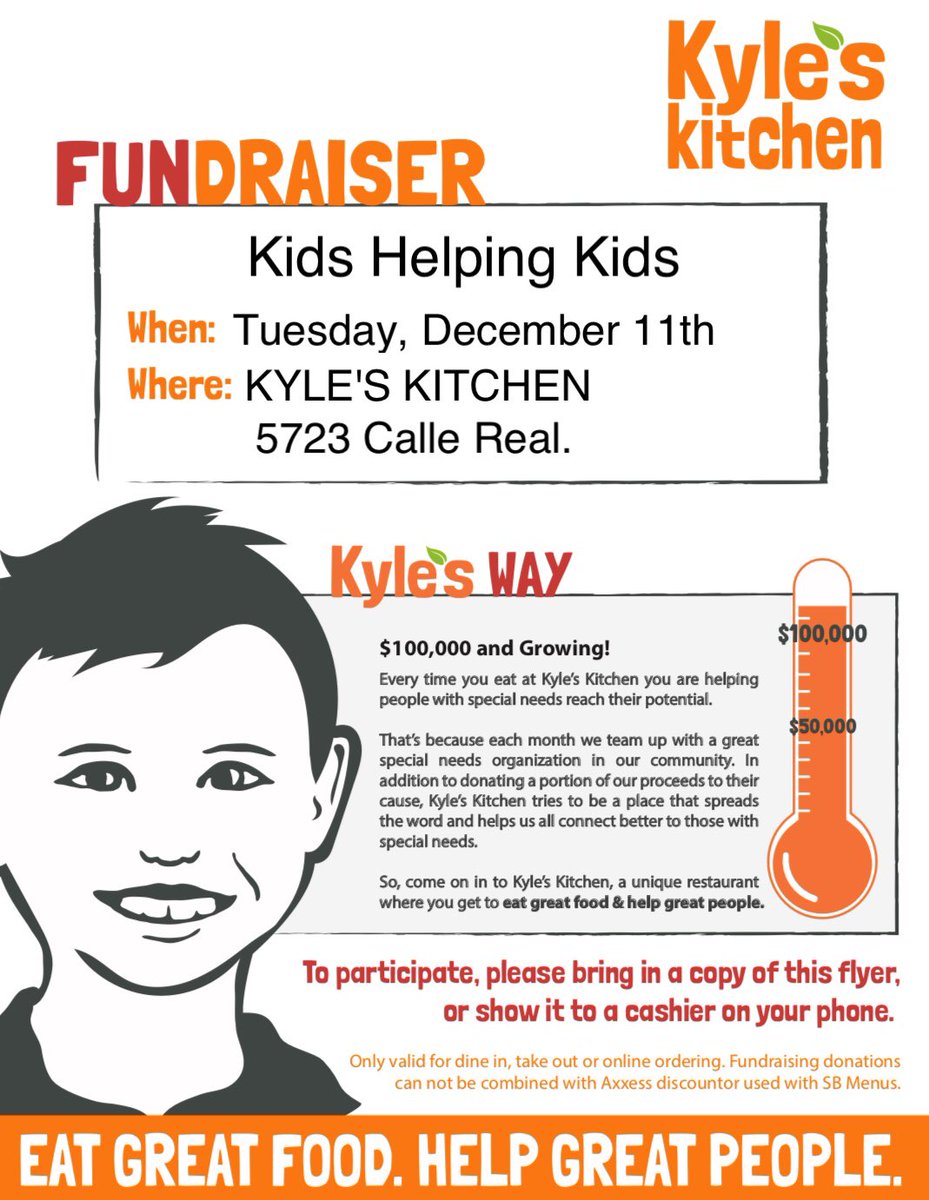 Kids Helping Kids is having a restaurant fundraiser at Kyles Kitchen next Tuesday all day! Show the flyer!