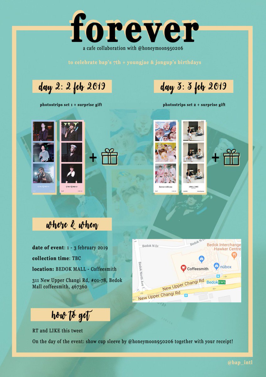 [FANSUPPORT EVENT] Hello BABYs! We will be collaborating with <a href="/honeymoon950206/">🍯🌙</a> for a cafe project in Singapore to celebrate B.A.P's 7th anniversary + Youngjae &amp; Jongup's birthdays 💕

GIVEAWAY DETAILS:
📅 2 &amp; 3 FEB 2019
🔜 Coffeesmith at Bedok 
⏱ TBC 
❗️ RT and LIKE this tweet