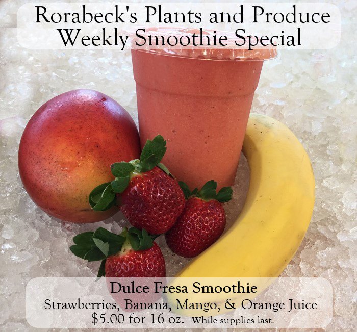RorabeckProduce's tweet photo. This weeks smoothie special is, Dulce Fresa Smoothie. So so yummy! Our weekly smoothie special is 16 oz for $5. Price valid thru 12/13/18, while supplies last. Don't forget to grab a Smoothie Loyalty Card. Buy 9 smoothies, and the 10th one is on us!  

#rorabecksplantsandproduce https://t.co/bYbyD0Knnk