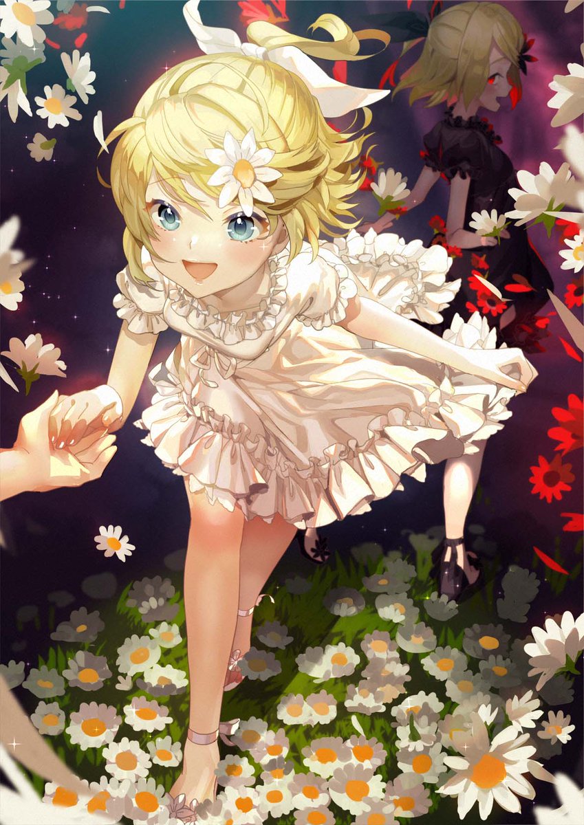 kagamine rin flower blonde hair dress hair ornament white flower white dress frilled dress  illustration images