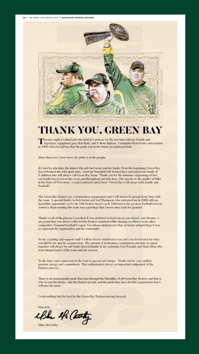 Mike McCarthy’s farewell message. 

RT to show your appreciation for the 13 year run and dedication from Mike McCarthy. You represented the Green Bay Packers with class. 👏

#GoPackGo