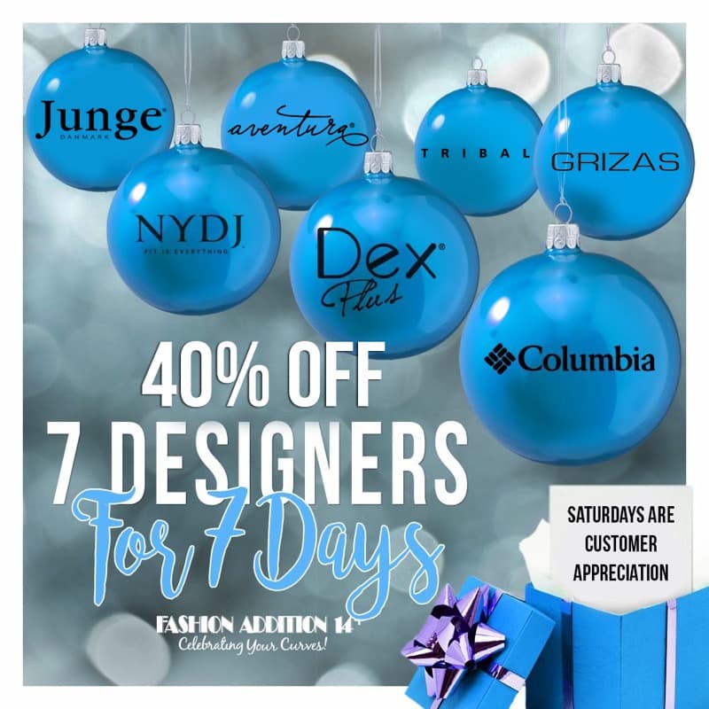 14Addition's tweet image. We've broken it early!!
7 Designers for 7 Days. All your wardrobe essentials...Junge, NYDJ, Aventura, Tribal, Dex, Grizas, Columbia. Come in and stock up while we have your sizes. 
40% off will surely make you want to shop with Fashion Addition 14+
#FashionAddition #plussize
