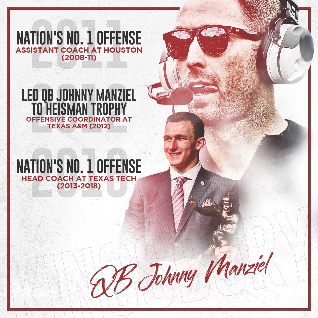 uscfb's tweet photo. New USC OC @KliffKingsbury has twice guided the nation’s No. 1 offense and mentored 6 future NFL QBs #FightOn✌️ https://t.co/XEFYgAIiQg