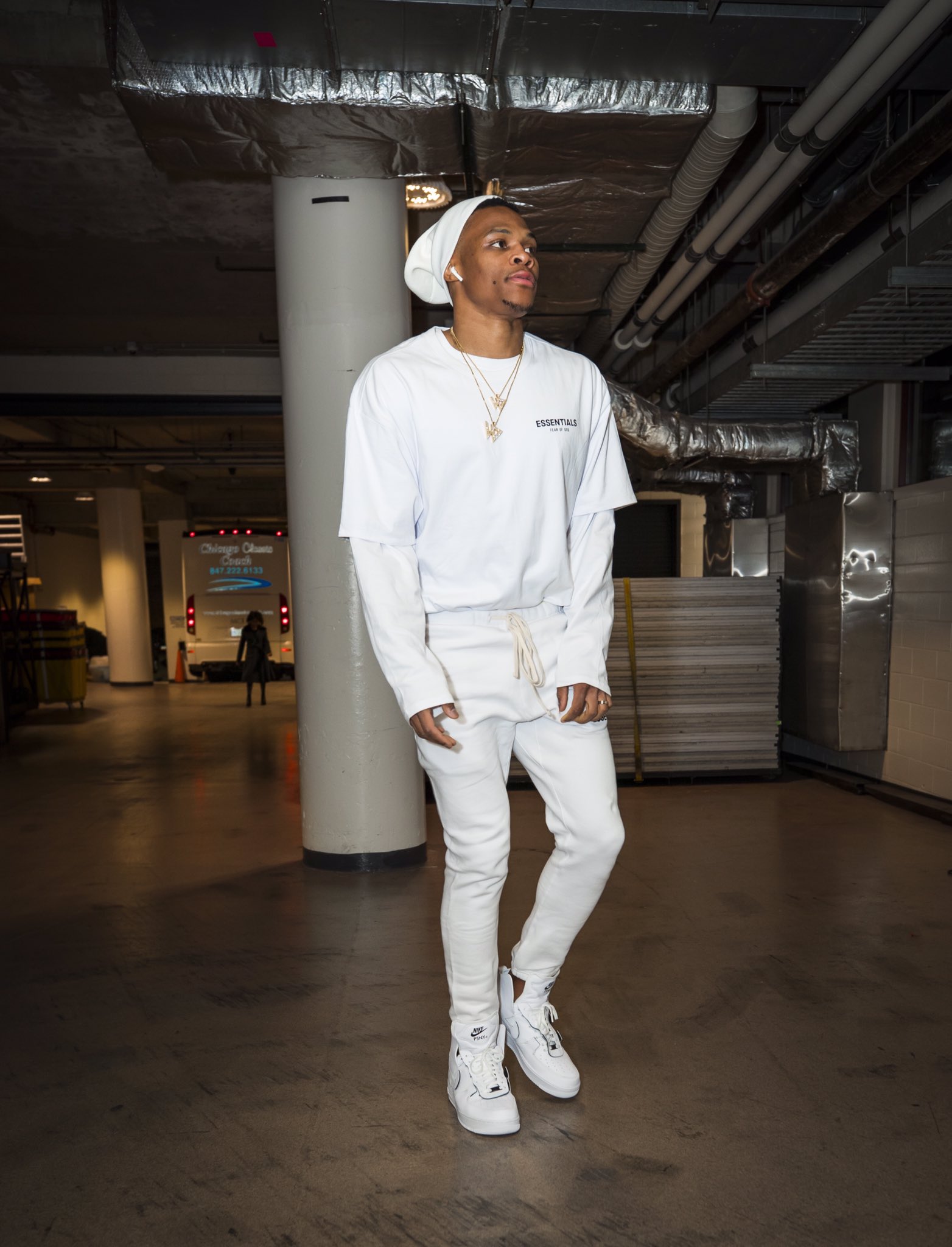 The pair of Nike Air Force 1 Off White Volt, worn by Russell Westbrook on a  post-Instagram