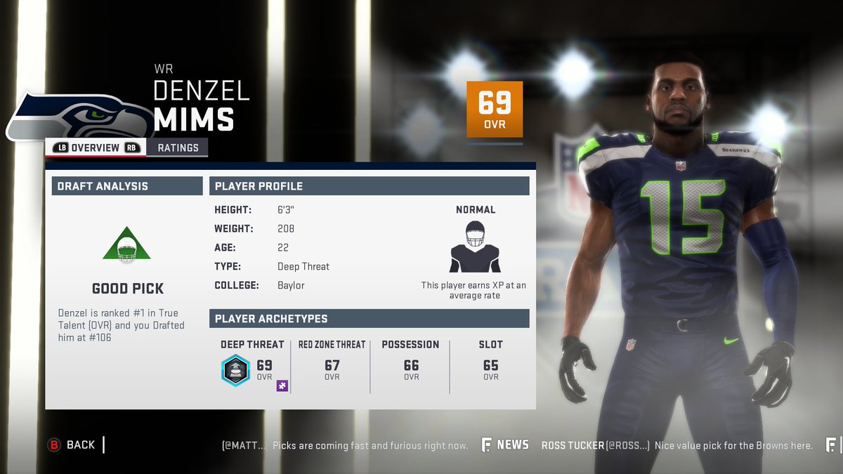 TFGOSeahawksM20's tweet photo. In the 4th round of the 2020 NFL Draft, the Seahawks selected WR Denzel Mims and RT Alex Givens. #TFGOLeague https://t.co/9KMOePQiAE
