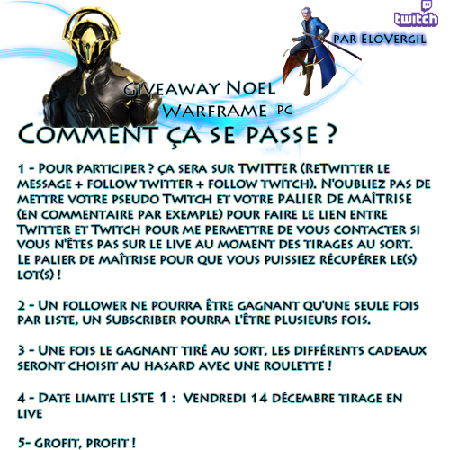 EloVergil's tweet image. ~ #Giveaway de noël #Warframe PC ~
Vous pouvez enfin y participer pour les cadeaux de la liste n°1 ! (qui dit n°1, dit plusieurs listes de cadeaux ! )