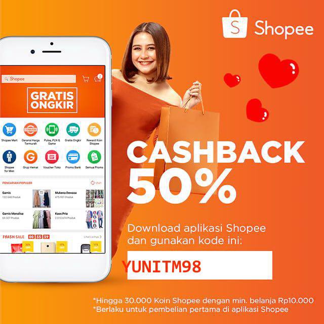 Dapatkan Cashback 50% untuk pembelian pertamamu dengan kode: YUNITM98. Yuk, download aplikasi Shopee sekarang dan nikmati belanja dengan gratis ongkir! shp.ee/bk7sdgu