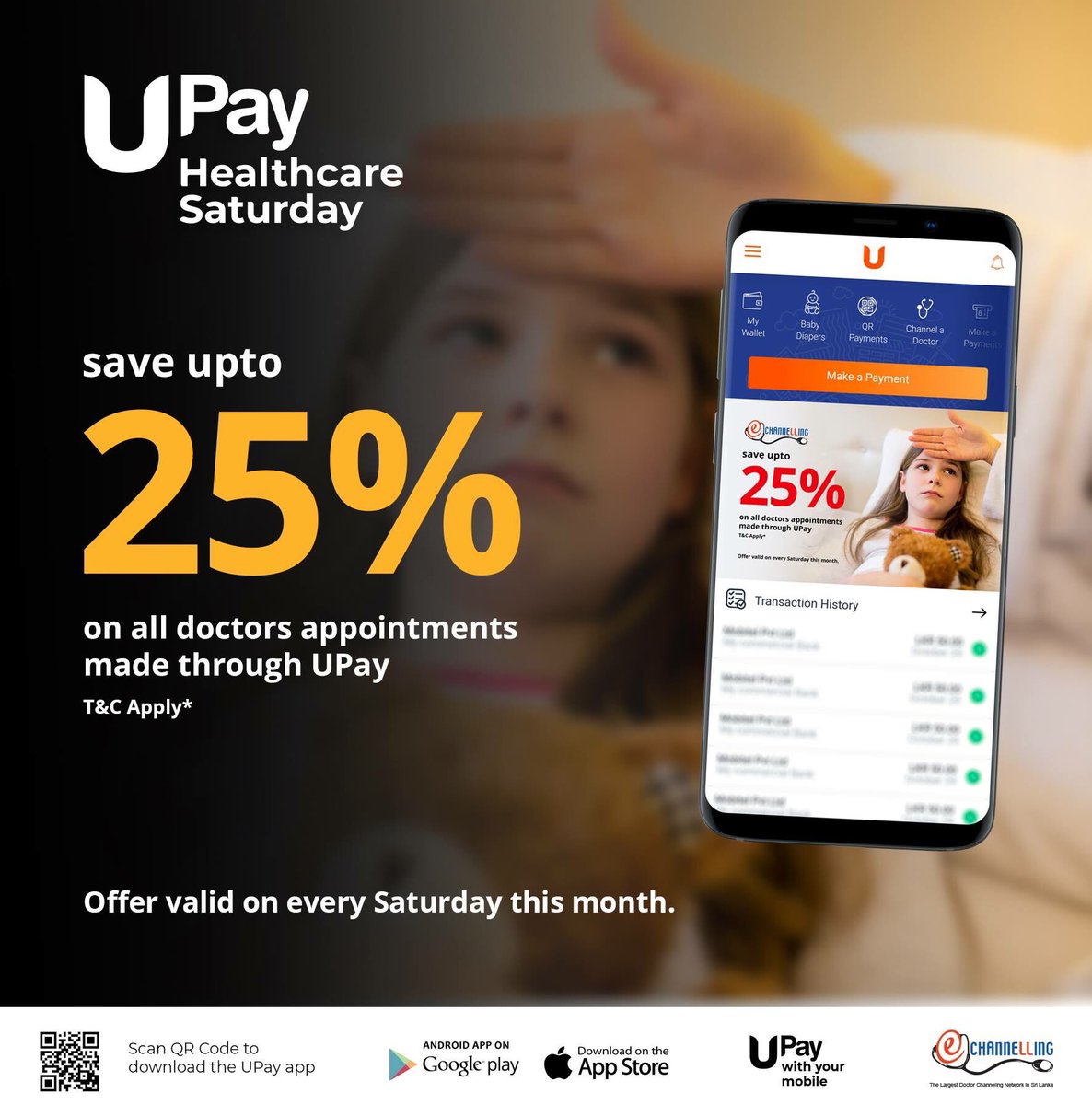 upaylk's tweet photo. Healthcare Saturday gives you 25% off your bank account or 15% off on your card, for every doctor’s appointment made through UPay this December!
#upay #UPayWithYourMobile #doctor #HealthcareIT #healthcaresaturday #cashless #lka #justpay #Discounts https://t.co/32fIaYFUTr