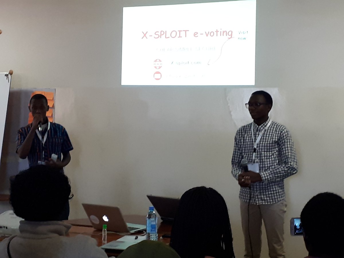 InnovateKenya's tweet photo. "We would like to promote peace, justice and strong Institutions, #SDG number 16"~ Team X-spoilt, Dennis and Winston from Thika High School. 

They have created a solution for ensuring integrity during the electoral process.

#IKDec18 #ourfuture #youth #Kenya #sdgambassadors https://t.co/tTkEtf0pDu