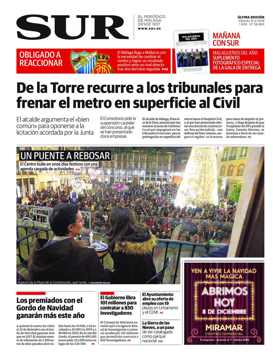 DiarioSUR's tweet photo. Buenos días. Hoy, en #portadaSUR: @pacodelatorrep recurre a los tribunales para frenar el metro en superficie al Civil https://t.co/2tVtnfflFW https://t.co/xEIqIPEvd7