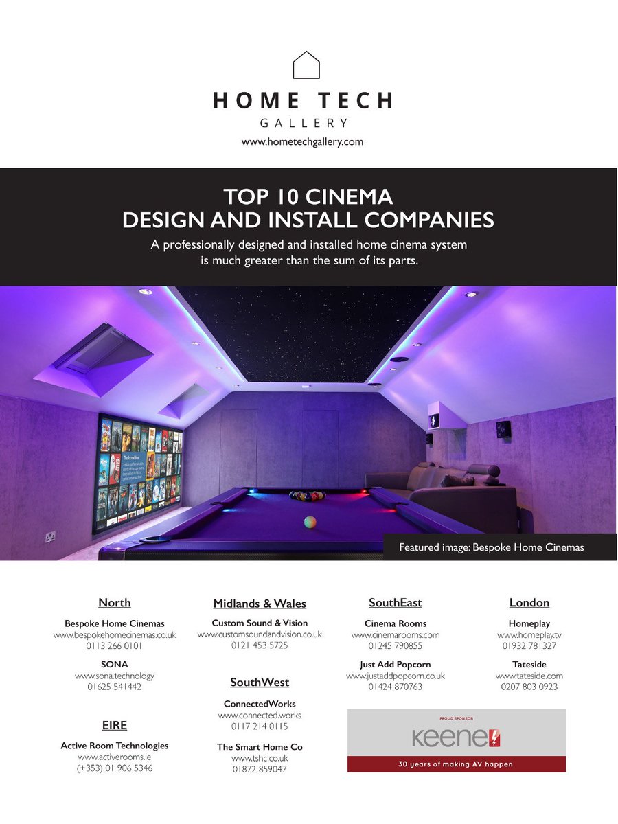bespoke_cinemas's tweet photo. Thanks @hometechgallery for featuring us this month in @HCCmag as one of your Top Ten Home Cinema Design &amp; Install Companies across the UK! Delighted to support a community of professional install companies who deliver outstanding installations for clients around the country https://t.co/VGpOzEtcw9