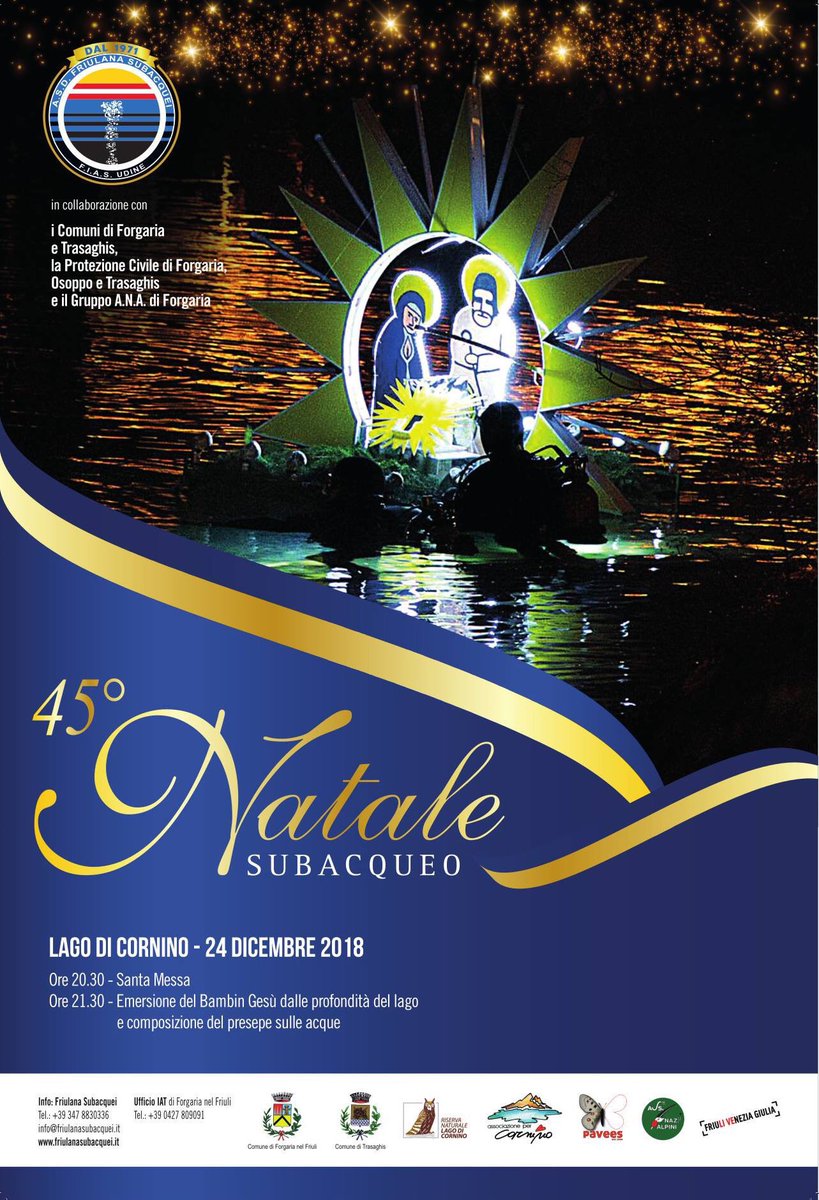 Come ogni anno, vi aspettiamo la Vigilia di Natale al lago di <a href="/RiservaCornino/">Riserva di Cornino</a> per il meraviglioso #Presepe #Subacqueo 
Appuntamento il 24 dicembre, dalle 20.30 per vivere insieme la magia di questo evento, giunto alla 45^ edizione.

#Natale #FriulanaSubacquei