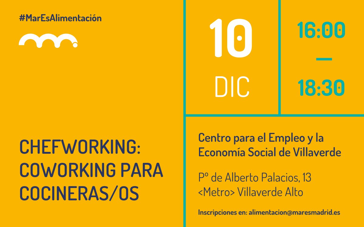 MARES_Madrid's tweet photo. 👩🍳👨🍳¿Estás desarrollando un proyecto gastronómico y necesitas diseñar o afinar tu oferta? ¡Todavía puedes apuntarte al #Chefworking de #MARESAlimentación!
📌Lunes 10, 16:00h en Pº Alberto Palacios, 13 #Villaverde
✏️Inscripciones: alimentacion@maresmadrid.es https://t.co/lp605lQ6BS