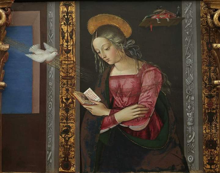 GalleriaNazUmbr's tweet photo. Oggi, 8 dicembre 2018 abbiamo scelto un particolare della Pala di Santa Maria dei Fossi di #Pintoricchio, in cui una bellissima Vergine Maria legge, un attimo prima di accorgersi dell'annuncio dell'Arcangelo Gabriele. https://t.co/hAtJPu28dR