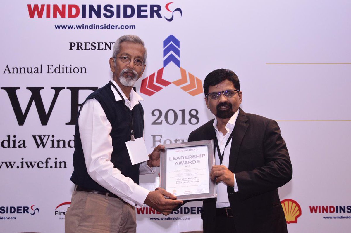 PowerconIndia's tweet photo. @PraveenKakulte conferred with the “CEO of the Year – 2018” at the #IWEF event in New Delhi. “We stand distinct &amp; committed for delivery of more 'MWh of Energy per MW of installed Power' with an IT enabled Asset governance for now &amp; new RE projects.” said Praveen Kakulte https://t.co/VhZsDm8k4I