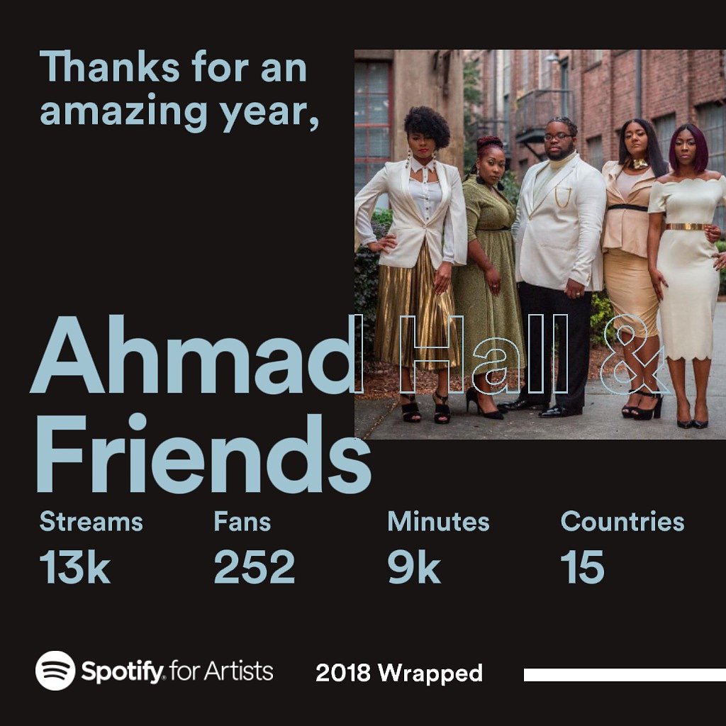Started with "Spotify for Artists" four months ago and so far we have 13,000 streams, 252 new monthly listeners, people have listened to our music collectively 9,000 minutes, and we've been heard in 15 different countries! Thanks for all the support!
#ahmadhallandfriends
