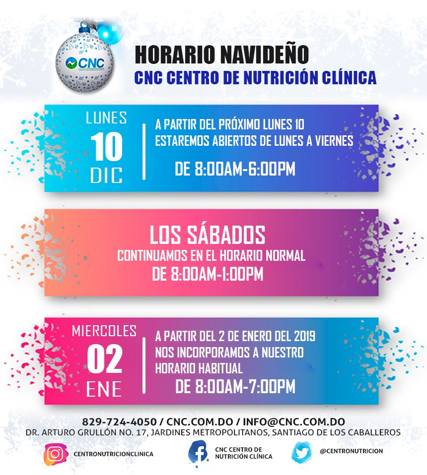 Este es nuestro horario navideño
#CNC #CentrodeNutriciónClínica #HorarioEnNavidad #Navidad #HorarioNavidad #horarionavideño #Christmas