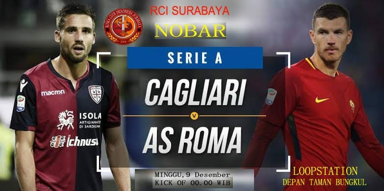 Nobar Gionarta 15
<a href="/RCI_Surabaya/">Romanisti Surabaya</a> 

CagLiari vs As Roma

Minggu, 9 Desember 2018
00:00 WIB
@loopstation_sby 

Ramaikan ya rwekk..

Cc: <a href="/OfficialRoma_ID/">AS Roma Indonesia</a> <a href="/OfficialASRoma/">AS Roma</a> <a href="/RCI_Jatim/">Roma Club Jawa Timur</a> <a href="/RomaIndonesia/">Roma Club Indonesia</a>